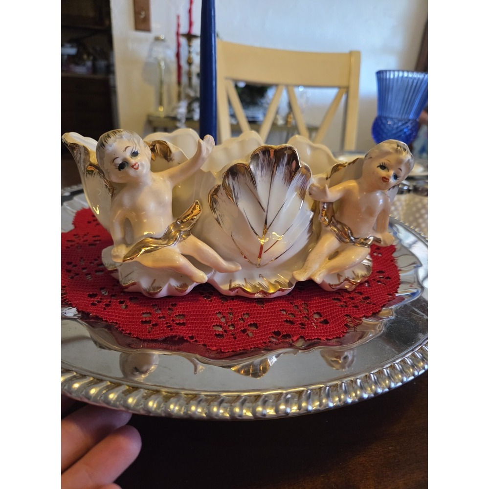 Vintage Royal Sealy Porcelain Planter Dish Cherubs Gold Trim